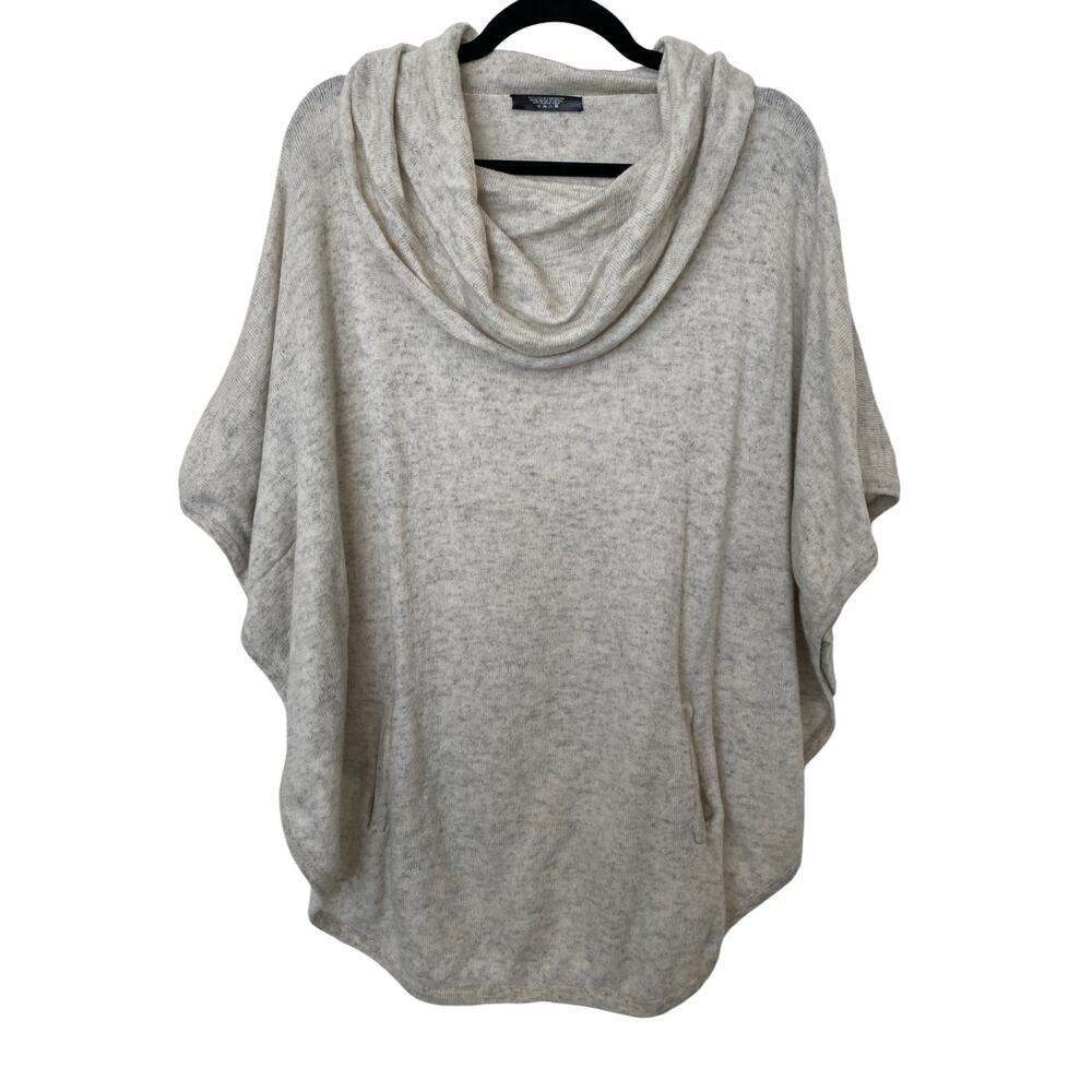 Gray and White Vintage Cashmere Cowl Neck Poncho with Pockets - One Size